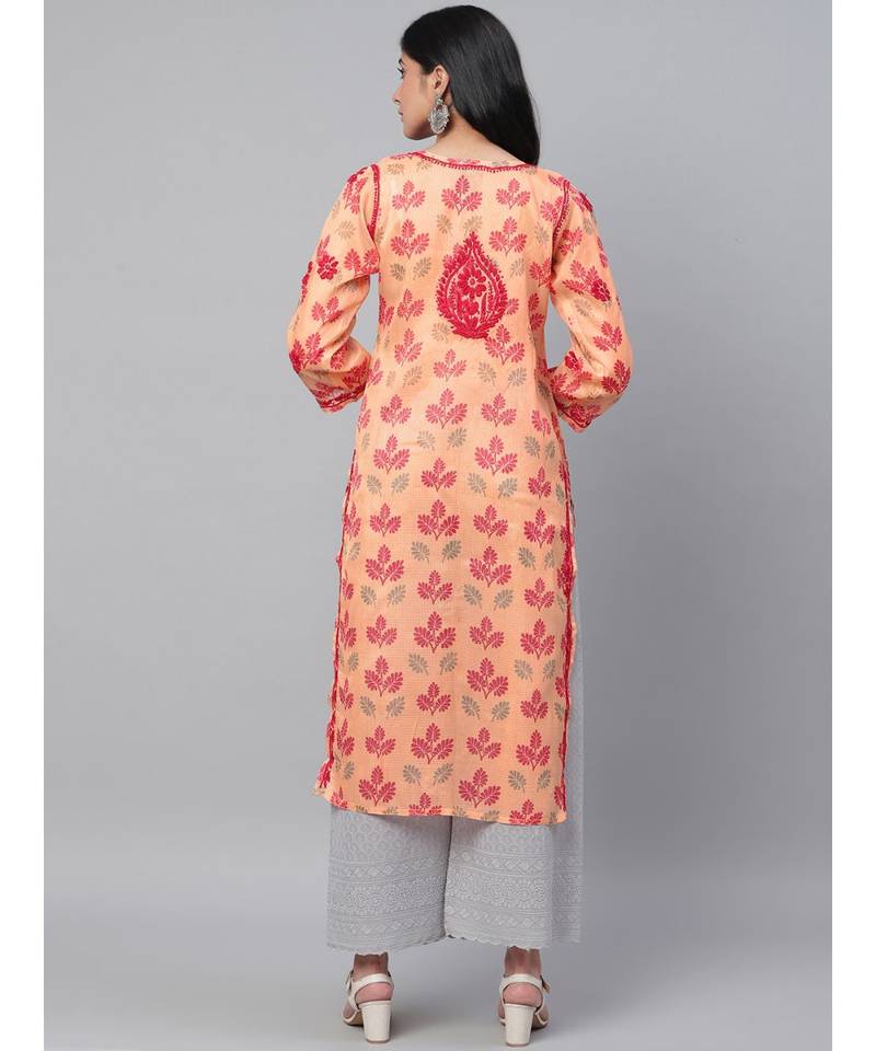 Hand Embroidered Peach Kota Lucknow Chikan Women Kurta