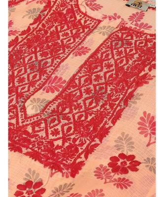 Hand Embroidered Peach Kota Lucknow Chikan Women Kurta 4