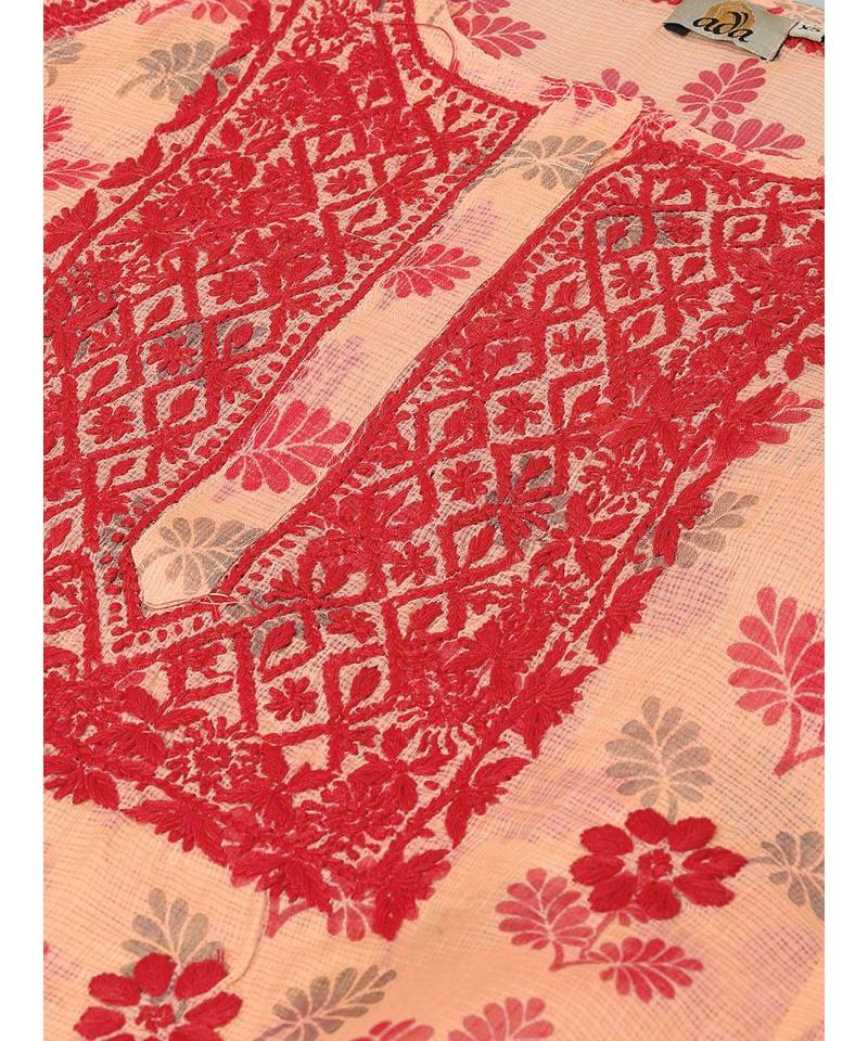Hand Embroidered Peach Kota Lucknow Chikan Women Kurta