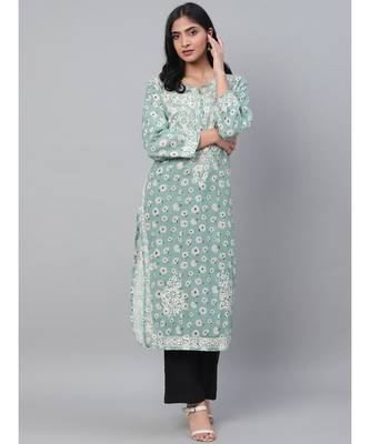 Ada Hand Embroidered Blue Cotton Lucknow Chikan Women Kurti - A100434 1