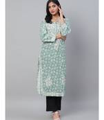 Ada Hand Embroidered Blue Cotton Lucknow Chikan Women Kurti - A100434