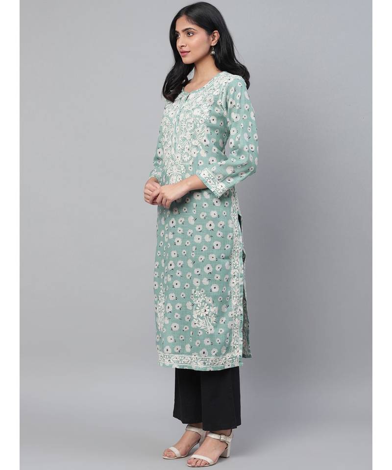 Ada Hand Embroidered Blue Cotton Lucknow Chikan Women Kurti - A100434