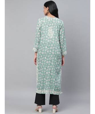 Ada Hand Embroidered Blue Cotton Lucknow Chikan Women Kurti - A100434 3