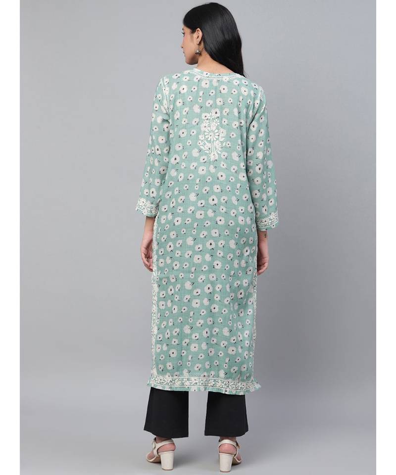 Ada Hand Embroidered Blue Cotton Lucknow Chikan Women Kurti - A100434