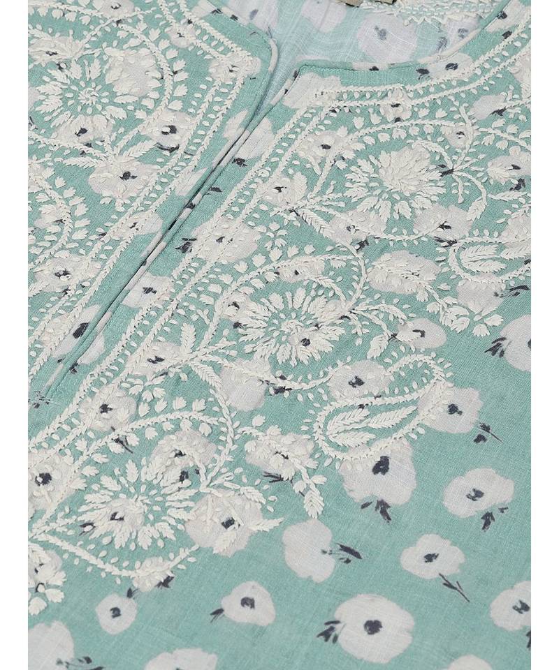 Ada Hand Embroidered Blue Cotton Lucknow Chikan Women Kurti - A100434