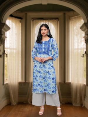 Hand Embroidered Blue Kota Lucknow Chikan Women Kurta 1