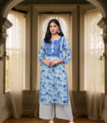 Hand Embroidered Blue Kota Lucknow Chikan Women Kurta
