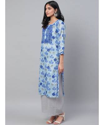 Hand Embroidered Blue Kota Lucknow Chikan Women Kurta 2
