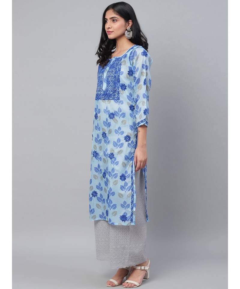 Hand Embroidered Blue Kota Lucknow Chikan Women Kurta