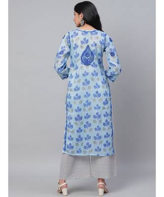 Hand Embroidered Blue Kota Lucknow Chikan Women Kurta 3
