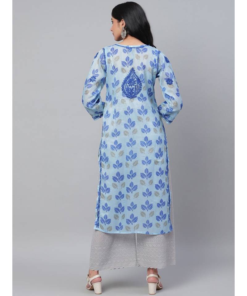 Hand Embroidered Blue Kota Lucknow Chikan Women Kurta
