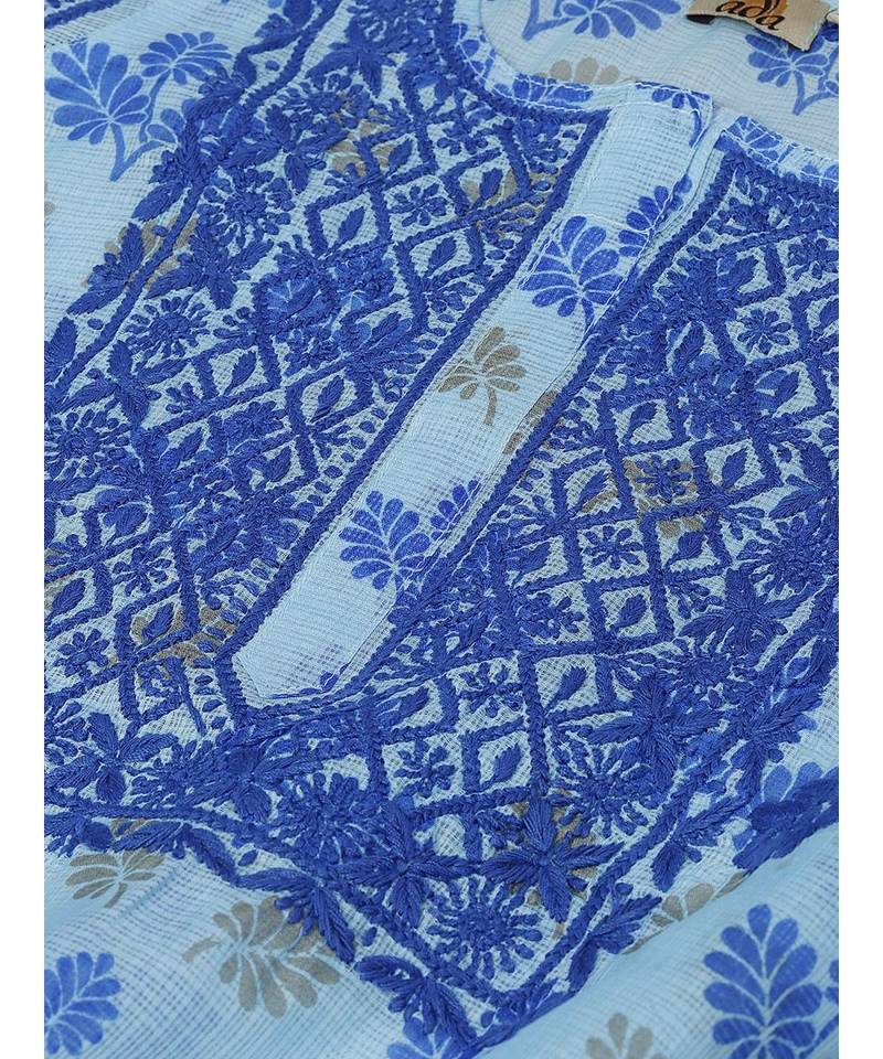 Hand Embroidered Blue Kota Lucknow Chikan Women Kurta