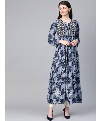 Ada Hand Embroidered Blue Cotton Lucknowi Chikan A Line Women Kurta - A100460 1