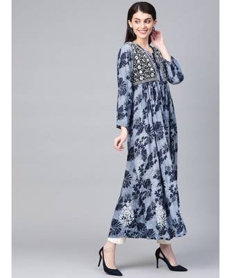 Ada Hand Embroidered Blue Cotton Lucknowi Chikan A Line Women Kurta - A100460 2