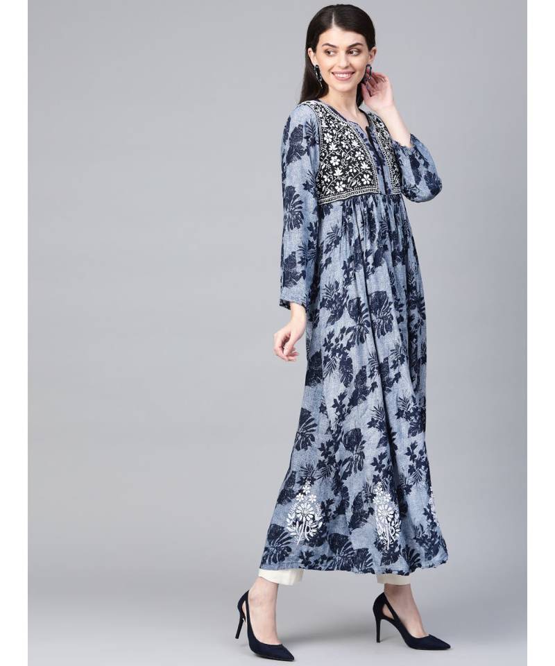 Ada Hand Embroidered Blue Cotton Lucknowi Chikan A Line Women Kurta - A100460