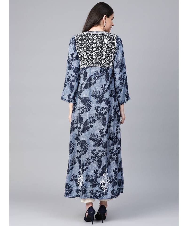 Ada Hand Embroidered Blue Cotton Lucknowi Chikan A Line Women Kurta - A100460