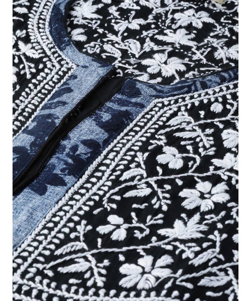 Ada Hand Embroidered Blue Cotton Lucknowi Chikan A Line Women Kurta - A100460