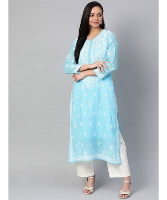Ada Hand Embroidered Blue Kota Lucknowi Chikan Women Kurta With Slip - A100534 1