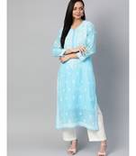 Ada Hand Embroidered Blue Kota Lucknowi Chikan Women Kurta With Slip - A100534