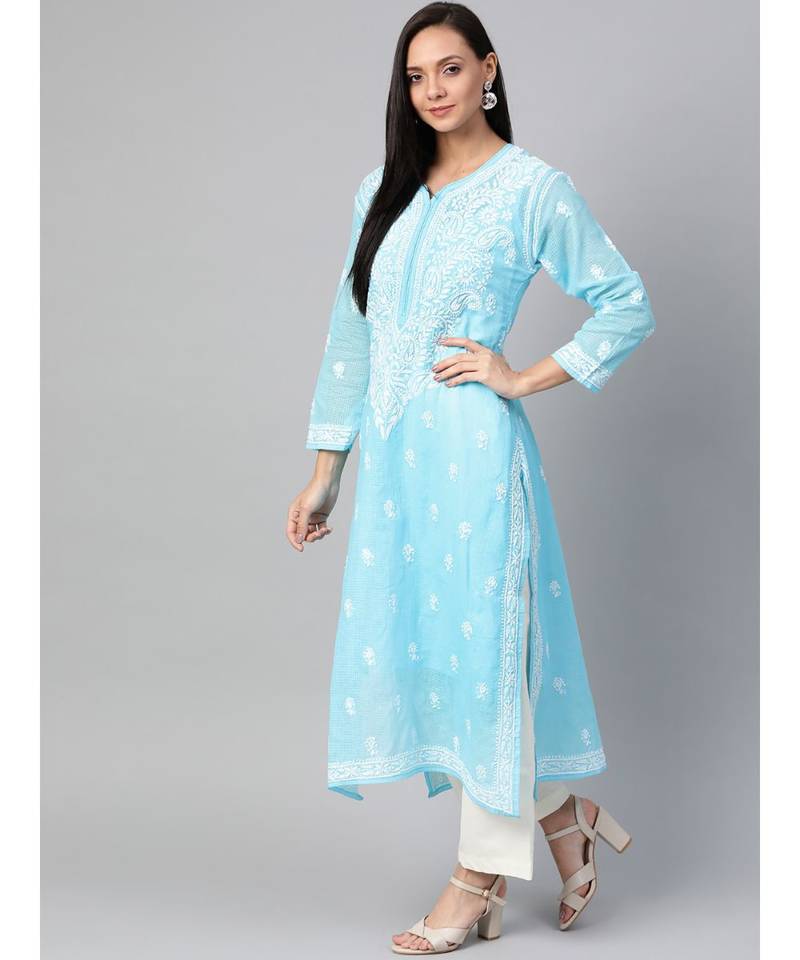 Ada Hand Embroidered Blue Kota Lucknowi Chikan Women Kurta With Slip - A100534
