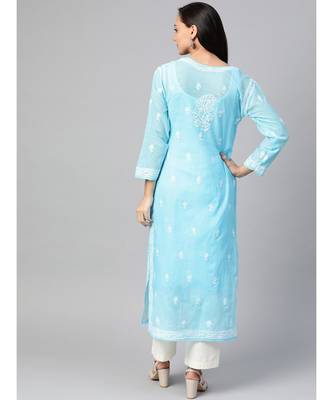 Ada Hand Embroidered Blue Kota Lucknowi Chikan Women Kurta With Slip - A100534 3