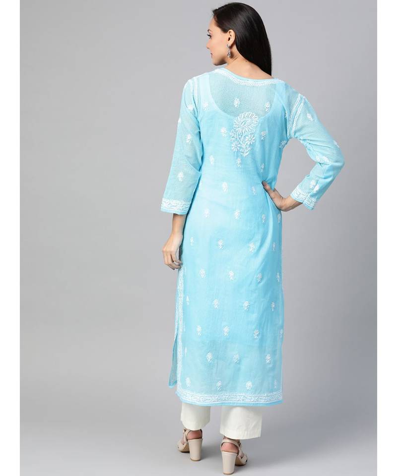 Ada Hand Embroidered Blue Kota Lucknowi Chikan Women Kurta With Slip - A100534