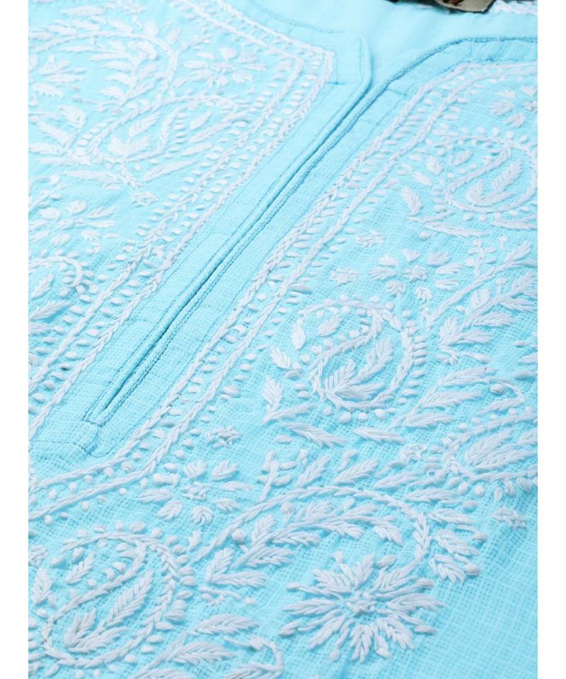 Ada Hand Embroidered Blue Kota Lucknowi Chikan Women Kurta With Slip - A100534