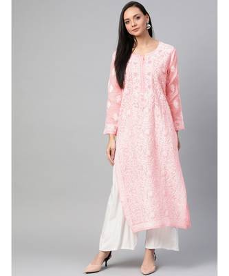 Ada Hand Embroidered Peach Cotton Lucknow Chikan Women Kurti - A100539 1