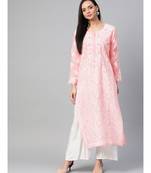 Ada Hand Embroidered Peach Cotton Lucknow Chikan Women Kurti - A100539