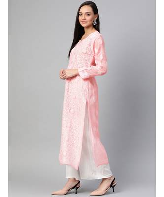 Ada Hand Embroidered Peach Cotton Lucknow Chikan Women Kurti - A100539 2