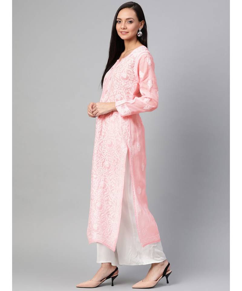 Ada Hand Embroidered Peach Cotton Lucknow Chikan Women Kurti - A100539
