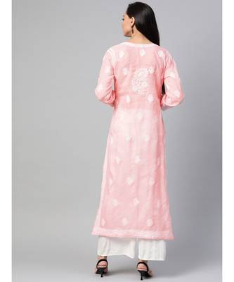 Ada Hand Embroidered Peach Cotton Lucknow Chikan Women Kurti - A100539 3