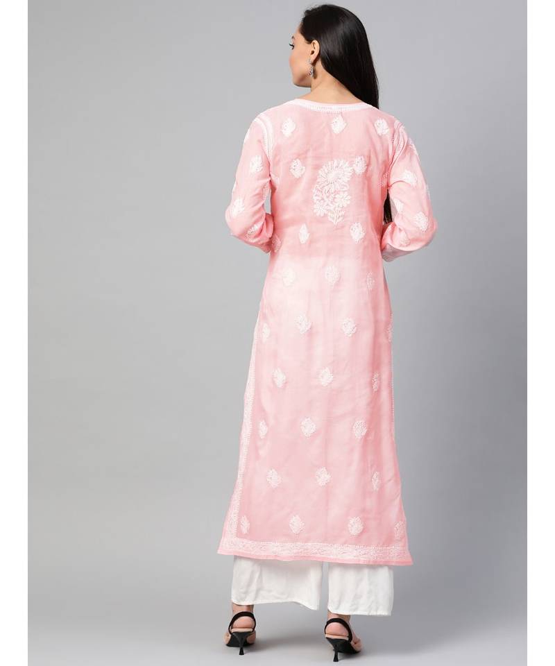 Ada Hand Embroidered Peach Cotton Lucknow Chikan Women Kurti - A100539
