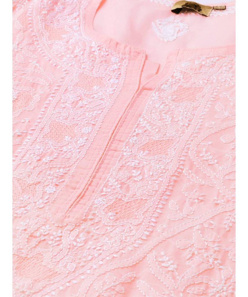 Ada Hand Embroidered Peach Cotton Lucknow Chikan Women Kurti - A100539