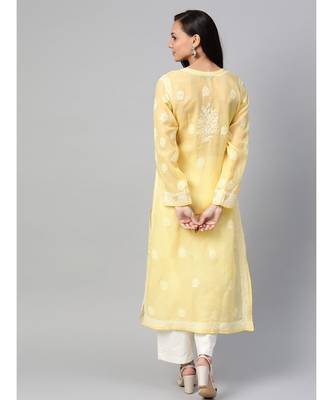 Ada Hand Embroidered Yellow Cotton Lucknow Chikan Women Kurta - A100538 3
