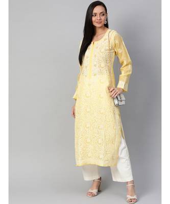Ada Hand Embroidered Yellow Cotton Lucknow Chikan Women Kurta - A100538 1