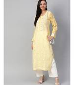 Ada Hand Embroidered Yellow Cotton Lucknow Chikan Women Kurta - A100538