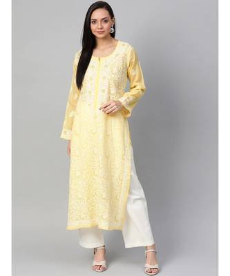 Ada Hand Embroidered Yellow Cotton Lucknow Chikan Women Kurta - A100538 4