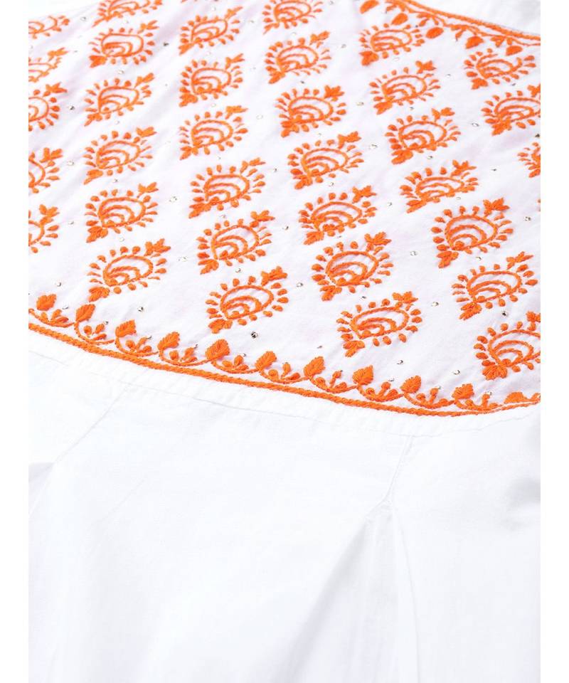 Ada Hand Embroidered White Cotton Lucknowi Chikan Women Kurta With Muqaish Work - A100466