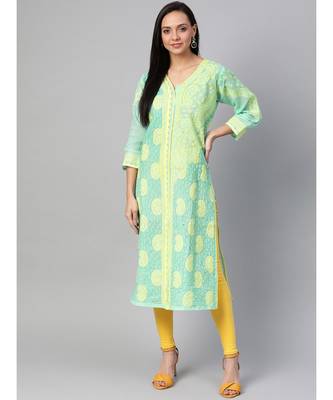 Ada Hand Embroidered Sea Green Cotton Lucknow Chikan Kurti 1