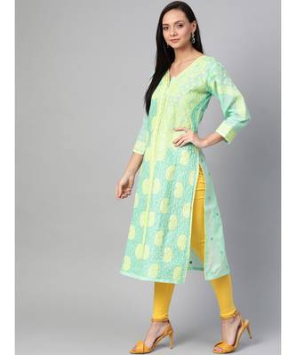 Ada Hand Embroidered Sea Green Cotton Lucknow Chikan Kurti 2