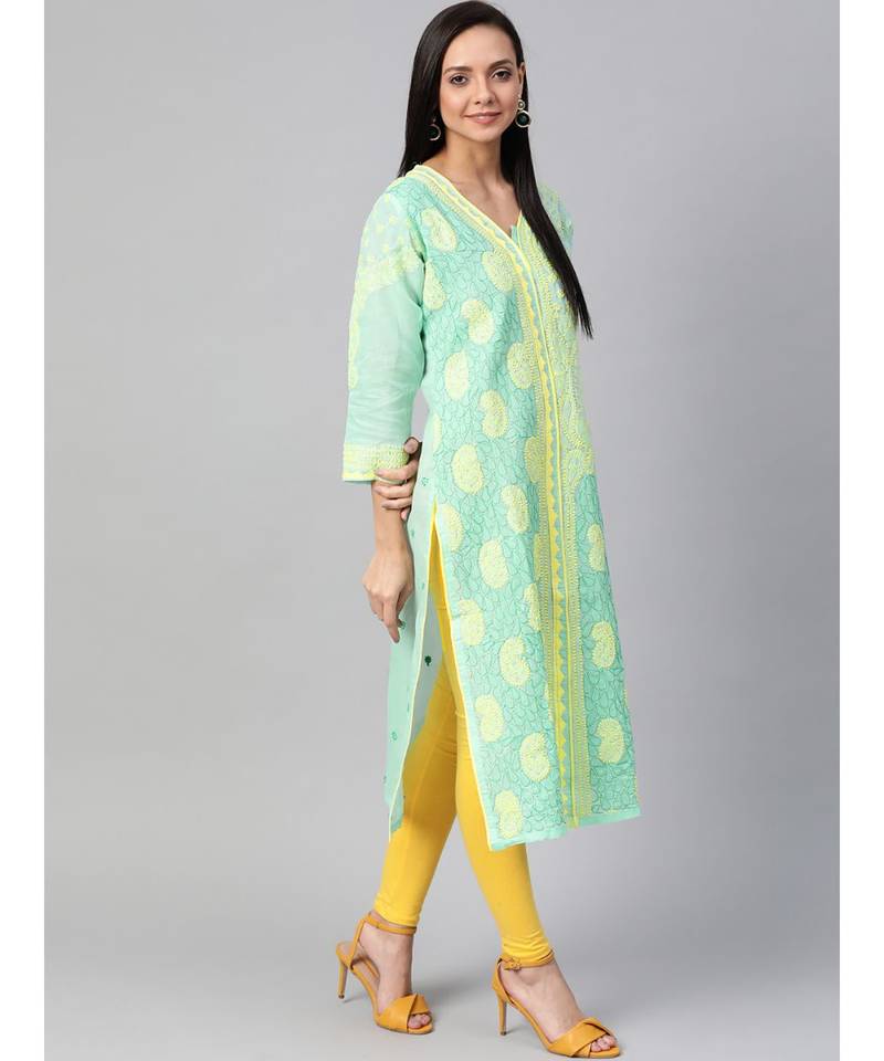 Ada Hand Embroidered Sea Green Cotton Lucknow Chikan Kurti