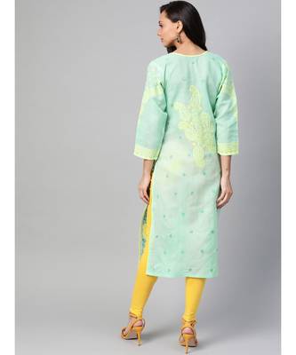 Ada Hand Embroidered Sea Green Cotton Lucknow Chikan Kurti 4