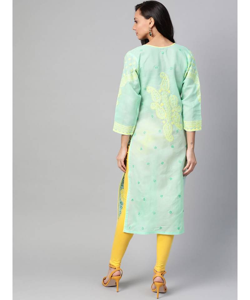 Ada Hand Embroidered Sea Green Cotton Lucknow Chikan Kurti