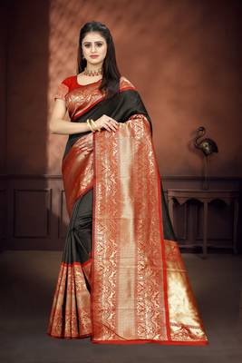Black woven art silk saree with blouse 1