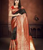 Black woven art silk saree with blouse