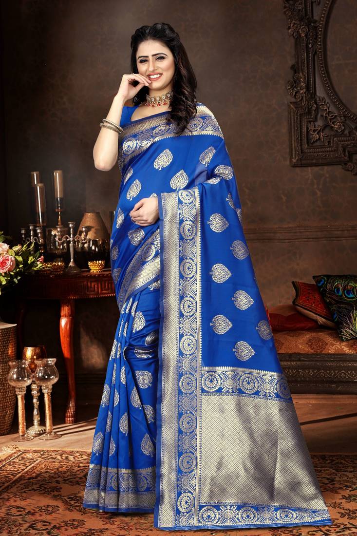 Royal blue woven art silk saree with blouse