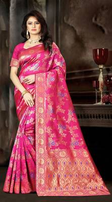 Pink woven art silk saree with blouse 1