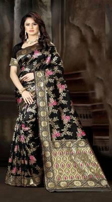 Black woven art silk saree with blouse 1