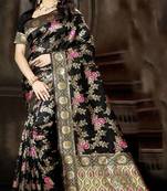 Black woven art silk saree with blouse